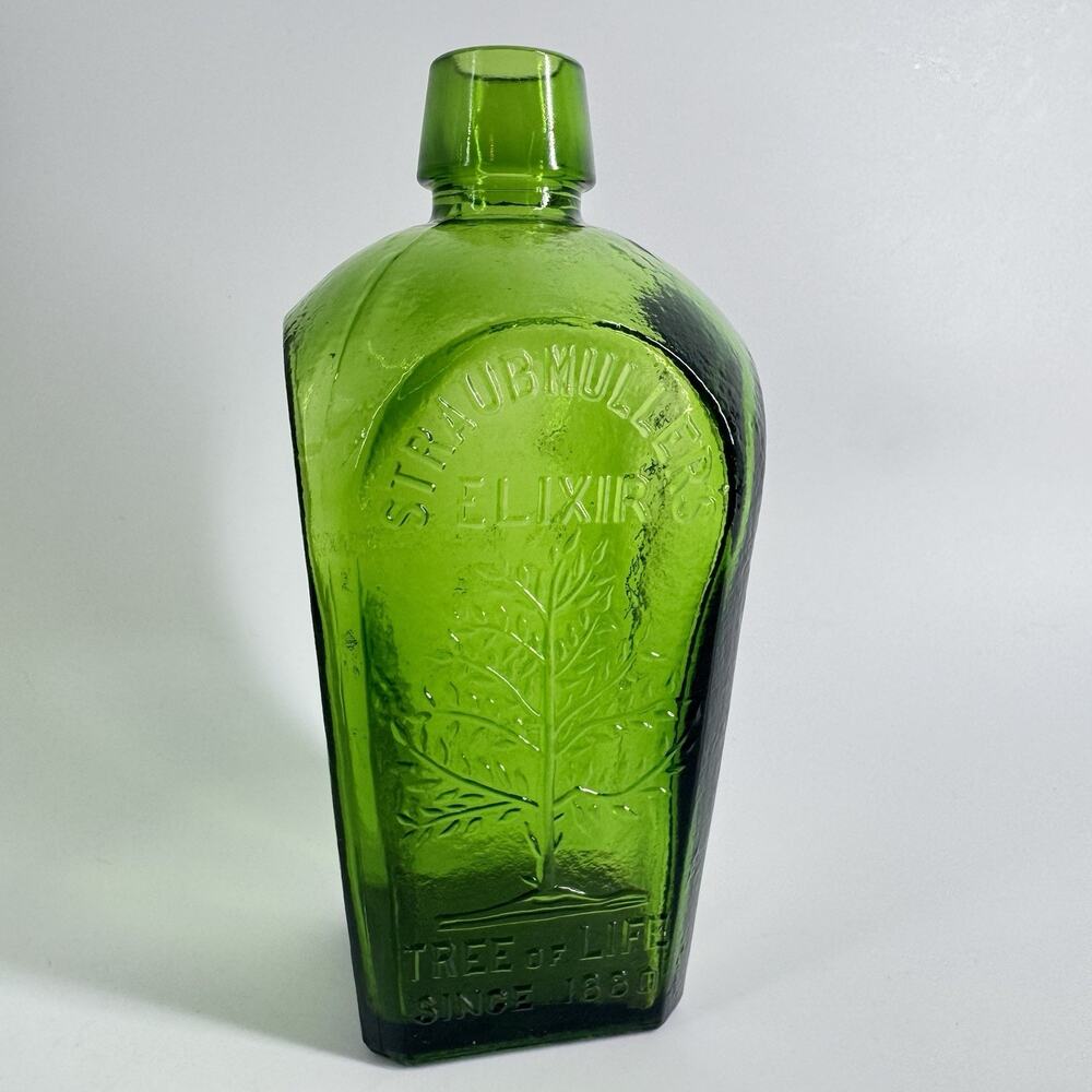 Vtg Wheaton Green Glass Bottle Straubmuller Elixir Tree of Life Health Vitality